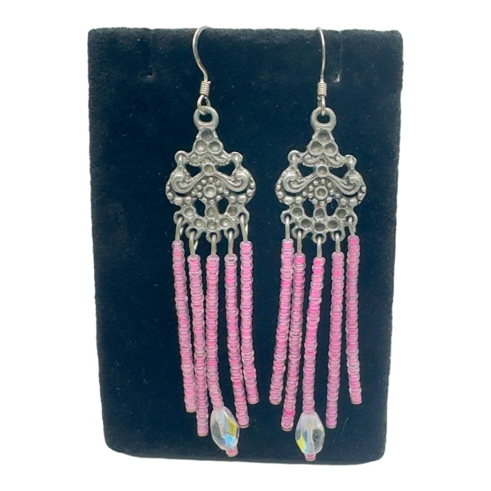 Vintage 1960s Pink Chandelier Earrings Artisan Crafted With Szezh Glass Beading - Picture 4 of 8